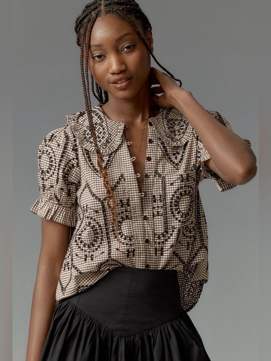 Pilcro Dresses & Skirts - Anthro Pilcro Keira Gingham Blouse
Brown/White w Black Embroidered Eyelet M NWOT